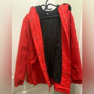 Red warm winter jacket.
